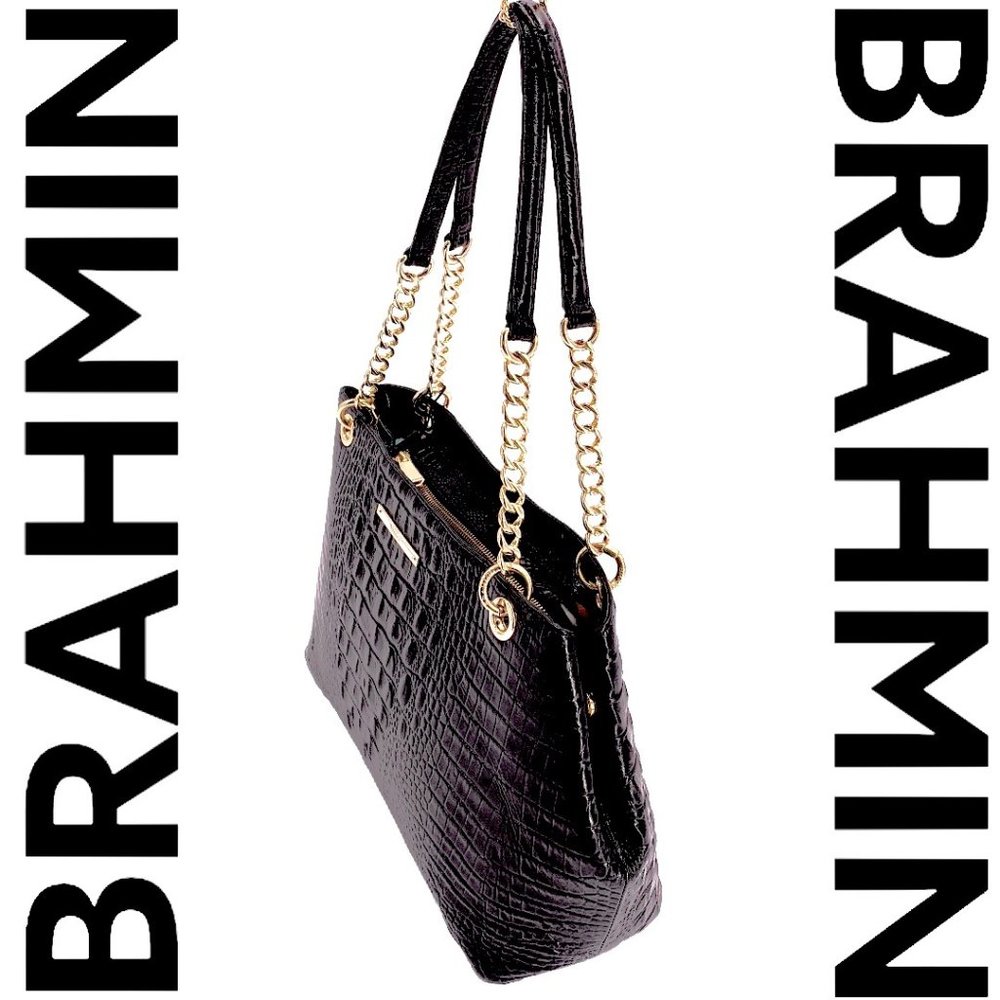 BRAHMIN BLACK CORINGTON TOTE w/ GOLD CHAIN STRAPS